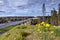 Highway bridge viaduct over the forest stream in Russian country