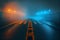 Highway in fog at night. Foggy road in the morning.generative ai