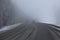 Highway through the forest in dense fog, traffic in poor visibility