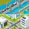 Highway intersection traffic. Urban landscape isometric with various vehicle cars buses busy city vector 3d illustration