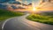 Highway landscape at colorful sunset in summer. Mountain road landscape at dusk