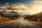 Highway in the mountains. Dramatic sunset sky. 3d rendering, Long highway road landscape in a rural area, AI Generated