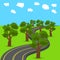 Highway receding into the distance in the animated style. Green oak trees on the edges of the road. illustration