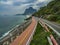 Highway by the sea. Wonderful road and bike path. Tim Maia bike path on Niemeyer Avenue, Rio de Janeiro, Brazil, South America.