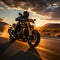 Highway sunrise cruise Speeding motorcyclist presents open copy space, symbolizing dawn expedition