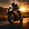 Highway sunrise cruise Speeding motorcyclist presents open copy space, symbolizing dawn expedition