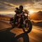 Highway sunrise cruise Speeding motorcyclist presents open copy space, symbolizing dawn expedition