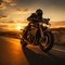 Highway sunrise cruise Speeding motorcyclist presents open copy space, symbolizing dawn expedition