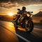 Highway sunrise cruise Speeding motorcyclist presents open copy space, symbolizing dawn expedition