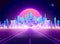 Highway to Cyberpunk futuristic town. Neon retro city landscape. Sci-fi background abstract digital architecture. Vector