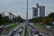 Highway traffic jam in Belgrade with Genex Building