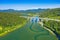 Highways through mountains of the Gorski Kotar in Croatia, bridge over beautiful lake Bajer in Fuzine