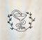 Higia Cup. Pharmacy symbol embroidered in black thread on white cloth, textile crafts in Almagro, Spain