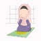 Hijab girl cartoon character, little girl praying vector illustration.