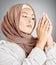 Hijab, jewelry and fashion of woman in islam beauty headshot with makeup or cosmetics in a studio mock up. Arab, muslim