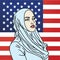 Hijab Muslim American Woman. American Flag Background. Pop Art Comics Style Vector Illustration