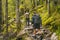 Hike couple hikers hiking forest trail in Autumn nature going camping with backpacks. Friends woman and man walking