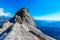 Hike on Moro Rock Staircase toward mountain top, granite dome rock formation in Sequoia National Park, Sierra Nevada mountains,