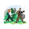 Hike scene, flat vector illustration. Traveler, hiker couple with backpacks, camera, water bottles going hiking.