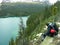 Hiker admiring Lake O\'Hara, Yoho National Park, Canada