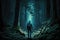 hiker, with backpack and flashlight, exploring dark and mysterious forest