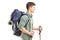 Hiker with backpack and hiking poles walking