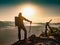 Hiker with backpack leaning on trekking poles staring into misty sunrise