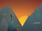 Hiker with backpack in mountains landscape vector background. Sunset scene, outdoor active lifestyle.