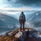 Hiker with backpack standing on the edge of a cliff, Hiker at the summit of a mountain overlooking a stunning view