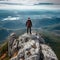 Hiker with backpack standing on the edge of a cliff, Hiker at the summit of a mountain overlooking a stunning view