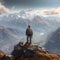 Hiker with backpack standing the summit of a mountain, Experience the exhilaration of a breathtaking mountain