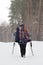 Hiker with backpack and walking sticks in snowy pine forest at winter snowfall