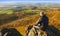 Hiker in countryside landscape