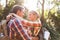 Hiker couple hugging