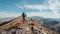 Hiker embarking on journey to reach mountain peak adorned with flag at the summit