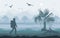 Hiker enjoying tropical landscape, Mountain Peaks.