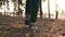 hiker feet walking the dog in the park forest. travel concept. close-up of a leg man walking with a dog in the park in