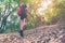 Hiker group young women walking in national park with backpack. Woman tourist going camping in forest.