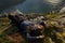 Hiker having a rest after climbing a mountain, Lofoten, Norway