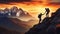 Hiker helping his mountaineer partner friend reach the mountain top in sunset, in silhouette image, generated by AI