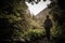 Hiker with hiking poles in a mountain forest