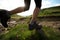 Hiker legs hiking in sunset outdoors