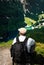 Hiker looking down at the Koenigssee Lake, Bavaria, Germany, Europe