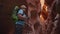 Hiker looks around in a amazing deep green canyon with orange rocks