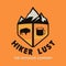 Hiker Lust logo, retro outdoor company emblem design with bison buffalo and camp mug. Unusual vintage adventure art