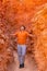 Hiker man in Bryce Canyon hiking relaxing looking at amazing view during hike on summer travel in Bryce Canyon National