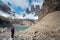 Hiker at Mirador Las Torres in Torres del Paine National Park, Patagonia, Chile