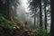 hiker on a misty trail, surrounded by towering trees