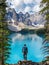 Hiker at Moraine Lake in Banff National Park, Canadian Rockies, Alberta, Canada