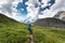 Hiker in the mountains on the Altai